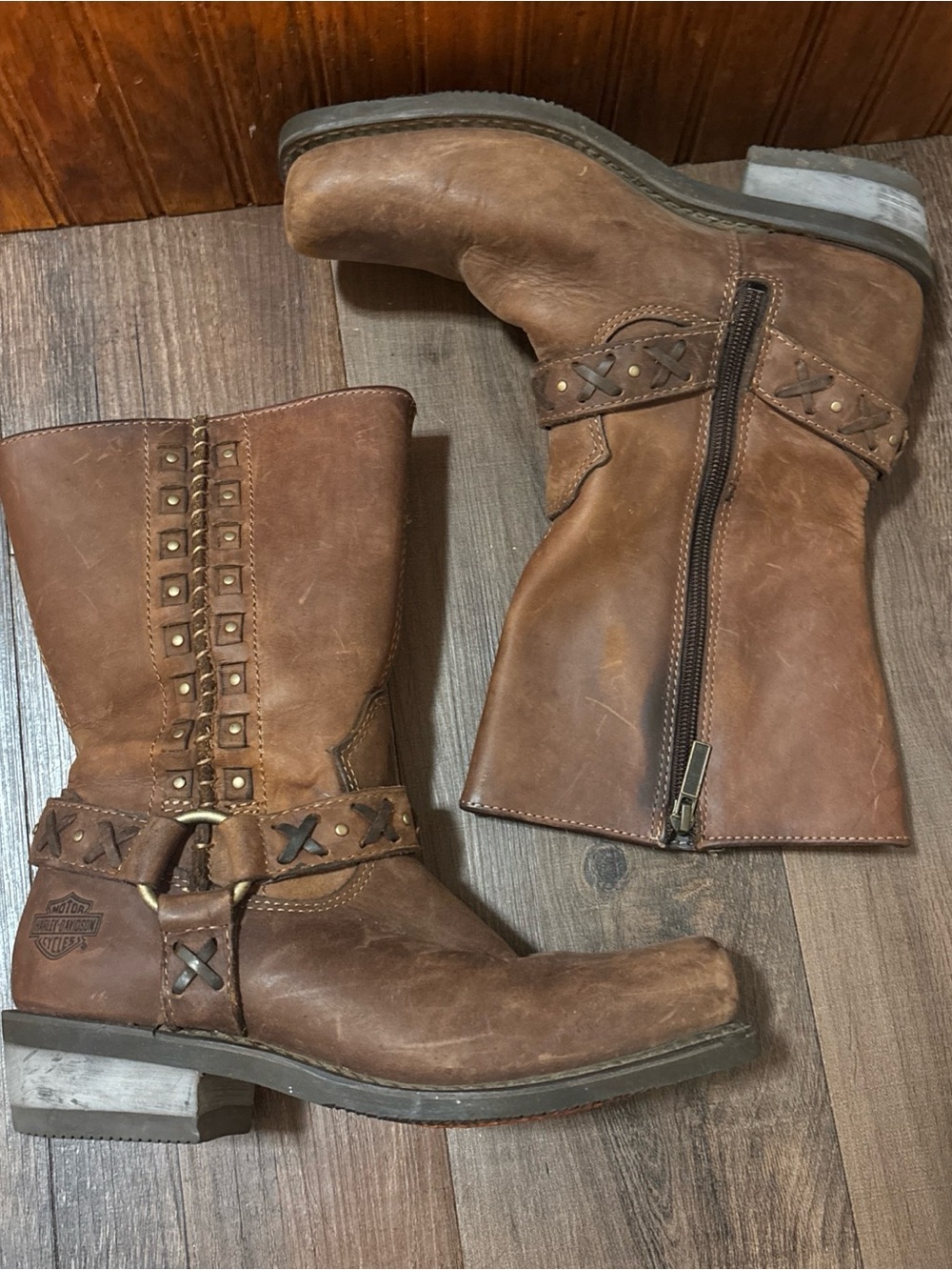 Harley-Davidson Brown Leather Harness Boots with Side Zip